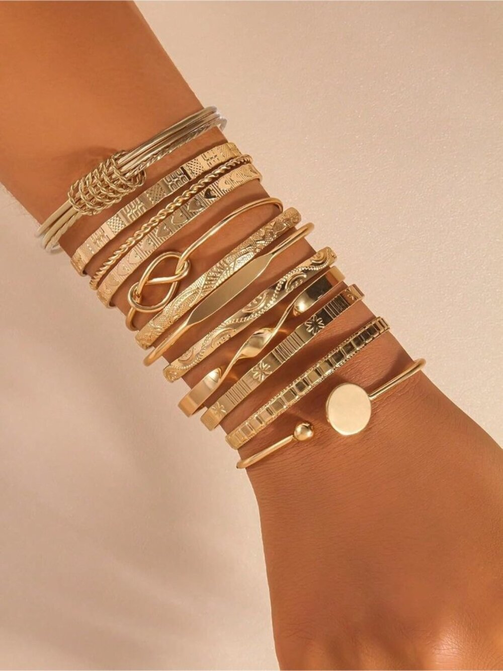 Women's Indian Bangles Set, Multi Layer Textured 14k Gold Plated Chunky Bracelet - Picture 2 of 7